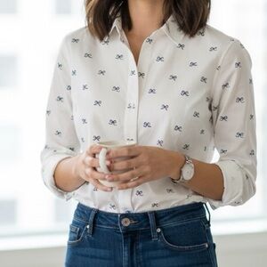 Long Sleeve Formal Blouse with Blue Bows – Excellent Condition